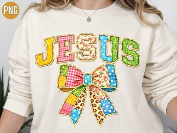 Colorful Patchwork Jesus Coppy Bow PNG for T-Shirt Designs